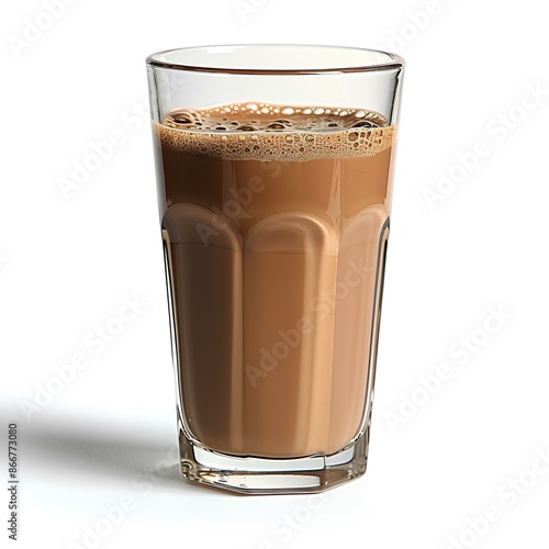 Chocolate milk in glass isolated on white background with shadow. Glass of milk with cacao