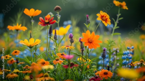 A field of assorted colorful wildflowers with a soft-focus background