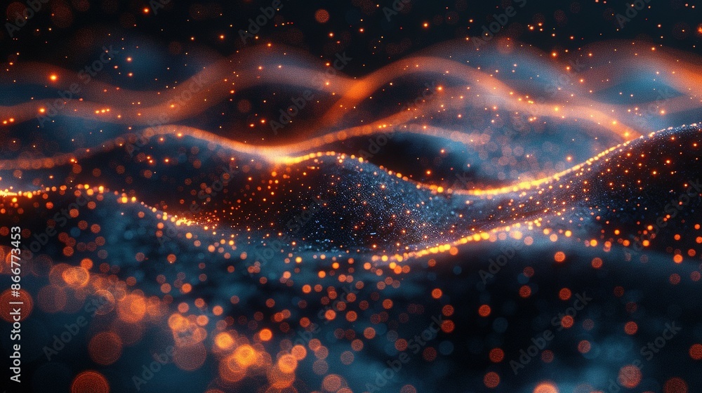 A blue and orange wave with golden sparkles on top and bottom appears against a black backdrop A blue and orange wave with golden sparkles on top and bottom appears against a black backdrop