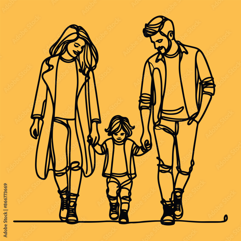 Happy family in continuous line art drawing style. Happy family in continuous line art drawing style.
