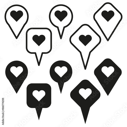 Heart location icons. Black vector set. Love map markers. Simple pin symbols.