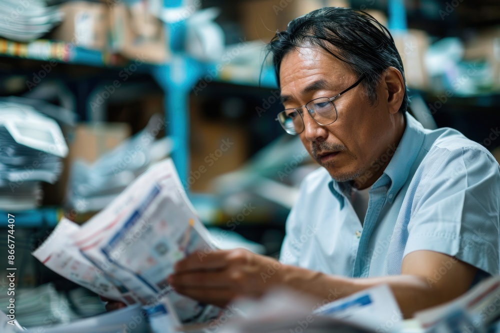 Portrait of a Japanese supervisor reviewing recycling reports, high quality photo, photorealistic, engaged atmosphere, studio lighting Portrait of a Japanese supervisor reviewing recycling reports, high quality photo, photorealistic, engaged atmosphere, studio lighting