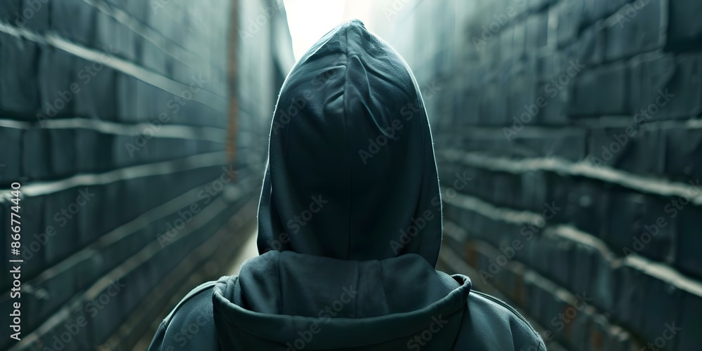 Naklejka premium Man in hood follows person in dark alley potential crime scene. Concept Suspenseful Story, Mystery Plot, Criminal Intent, Thrilling Encounter, Criminal Investigation