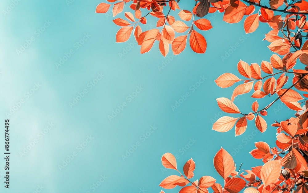 Red autumn leaves against blue sky background. Natural autumn background. Fall season concept. Minimalistic composition with copy space Red autumn leaves against blue sky background. Natural autumn background. Fall season concept. Minimalistic composition with copy space