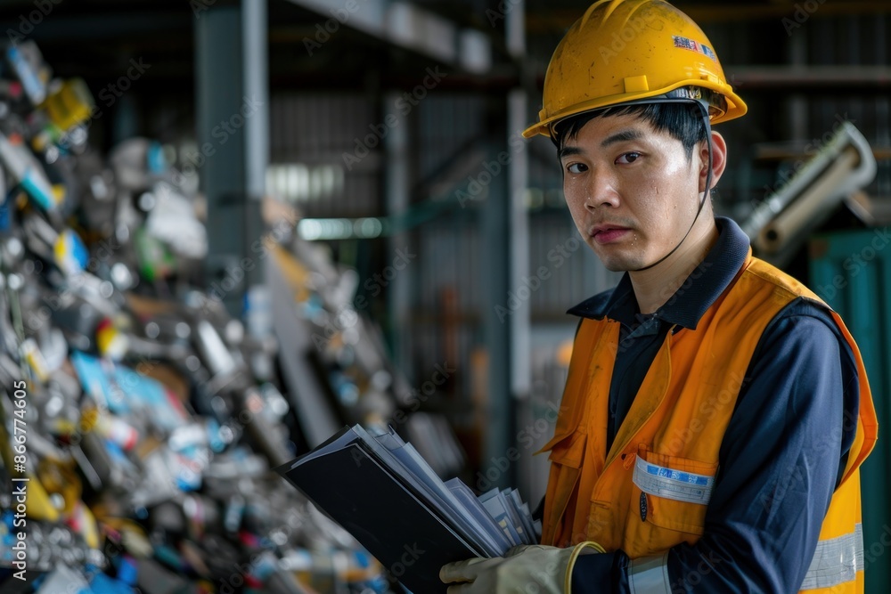 Portrait of a Japanese technician monitoring recycling machinery, high quality photo, photorealistic, focused expression, well-lit setting Portrait of a Japanese technician monitoring recycling machinery, high quality photo, photorealistic, focused expression, well-lit setting