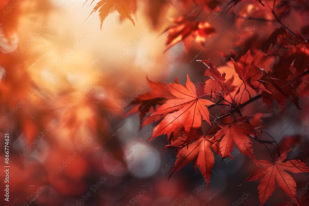 Close-up of red maple leaves in sunlight on blurred background. Natural autumn background. Fall season concept. Sunny day with beautiful red foliage in the park. Close-up of red maple leaves in sunlight on blurred background. Natural autumn background. Fall season concept. Sunny day with beautiful red foliage in the park.