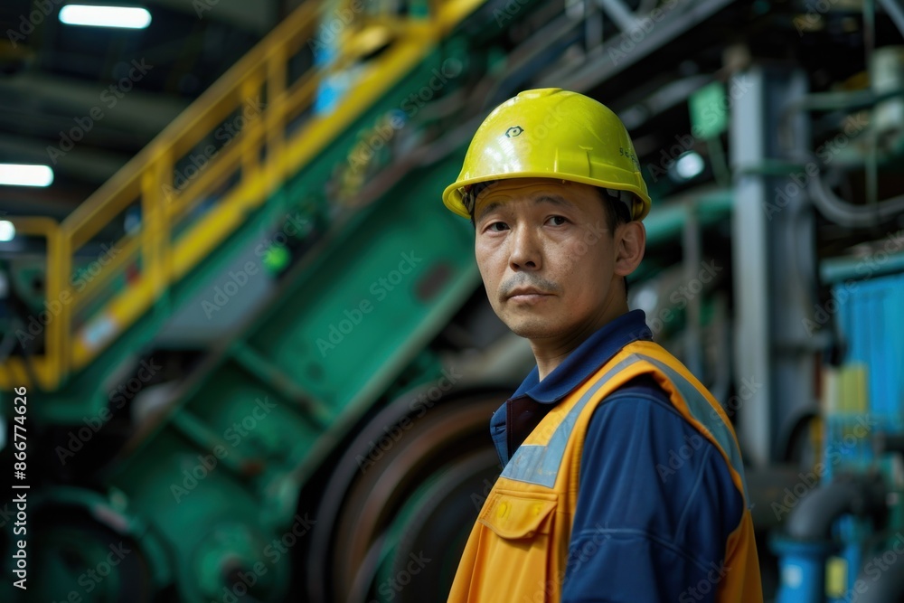 Portrait of a Japanese technician monitoring recycling machinery, high quality photo, photorealistic, focused expression, well-lit setting Portrait of a Japanese technician monitoring recycling machinery, high quality photo, photorealistic, focused expression, well-lit setting