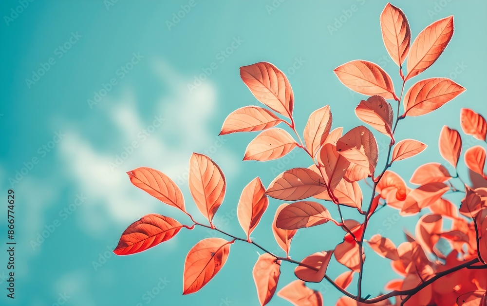 Close-up of red leaves against blue sky background. Natural autumn background. Fall season concept. Minimalistic composition Close-up of red leaves against blue sky background. Natural autumn background. Fall season concept. Minimalistic composition