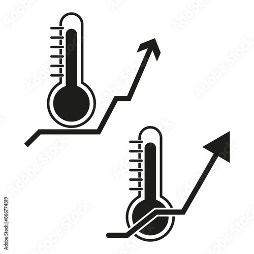 Temperature rise icon. Thermometer and arrow. Climate change vector. Black white d