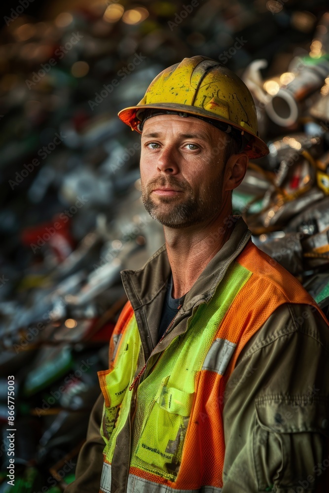 Portrait of an American worker wearing safety gear at a recycling facility, high quality photo, photorealistic, studio lighting, bright environment Portrait of an American worker wearing safety gear at a recycling facility, high quality photo, photorealistic, studio lighting, bright environment