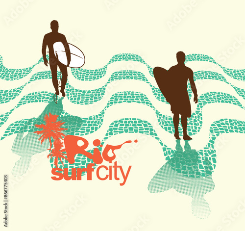 Illustration of silhouettes of surfers on a beach promenade in Rio de Janeiro, Brazil.