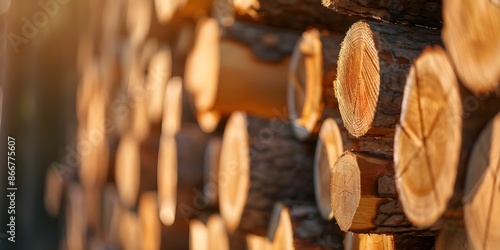 Wide banner of stacked logging timber trunks in a forest industry. Concept Forest Industry, Logging Timber, Stacked Trunks, Woodpile, Sustainable Forestry photo