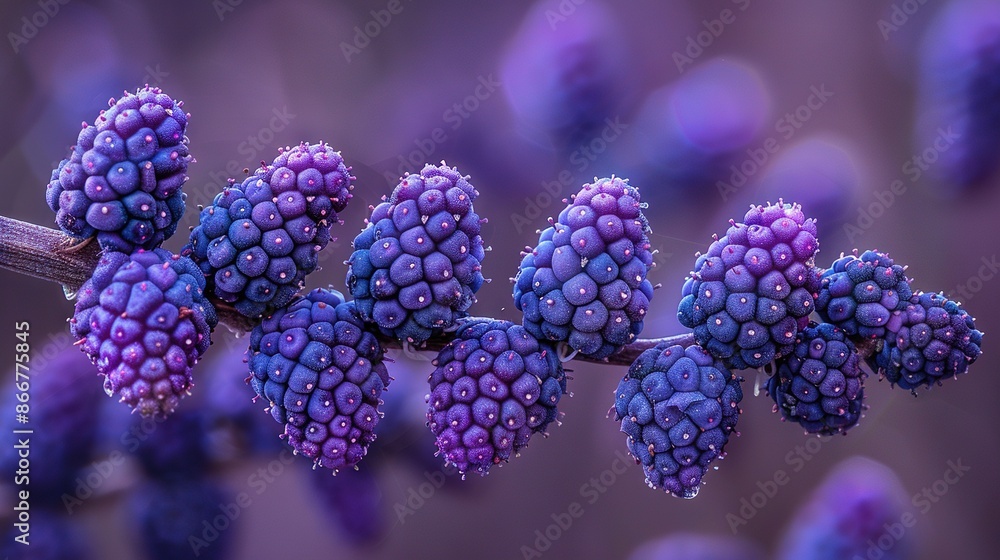 A zoomed-in photo of several berries on a tree branch, with droplets of water resting on top of them A zoomed-in photo of several berries on a tree branch, with droplets of water resting on top of them