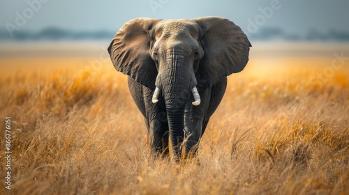 A majestic elephant striding across the savannah with a warm golden hue accentuating its powerful presence and grace