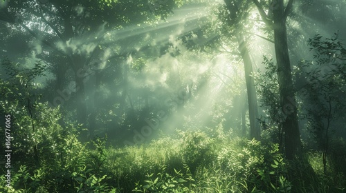 A breathtaking view of sunrays filtering through the dense foliage of an enchanted forest setting