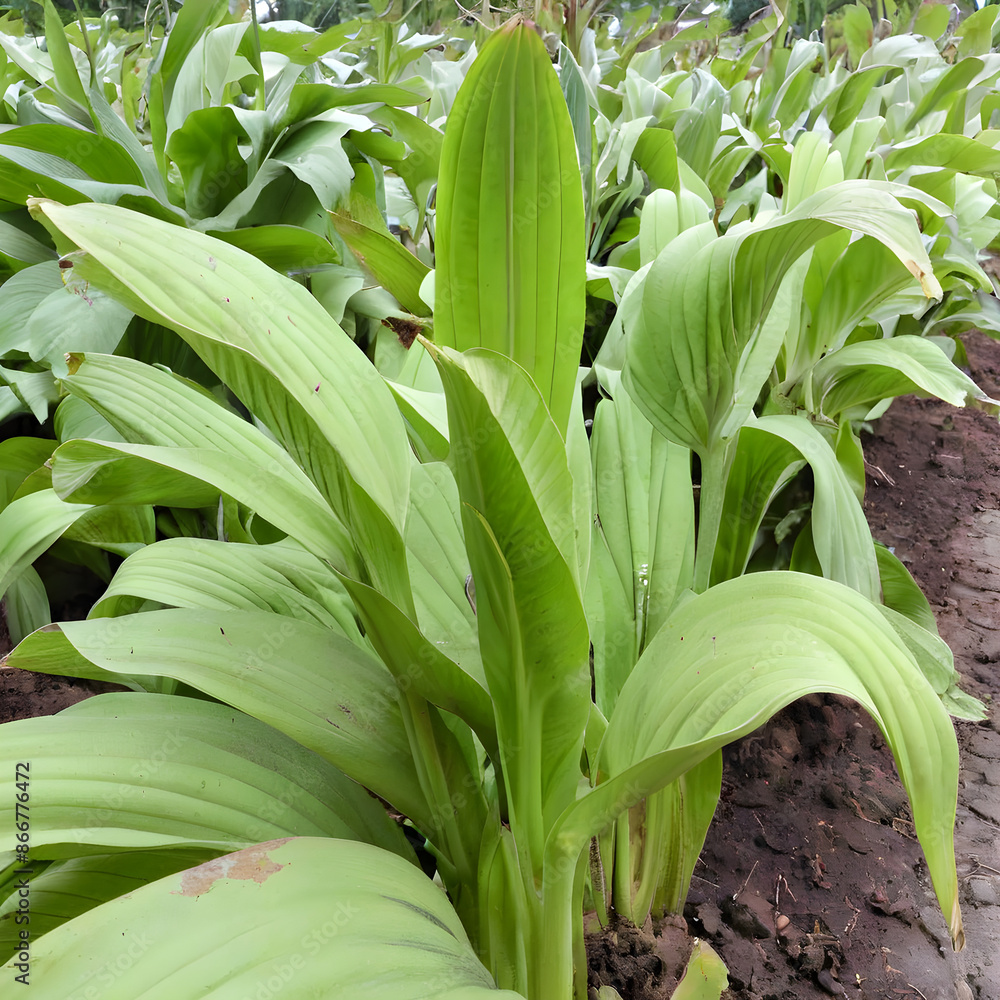 Obraz premium Turmeric Plant Growing :A vibrant cluster of turmeric plants flourishing, their lush green leaves and stems reach skyward. The scene is a celebration of natural growth.