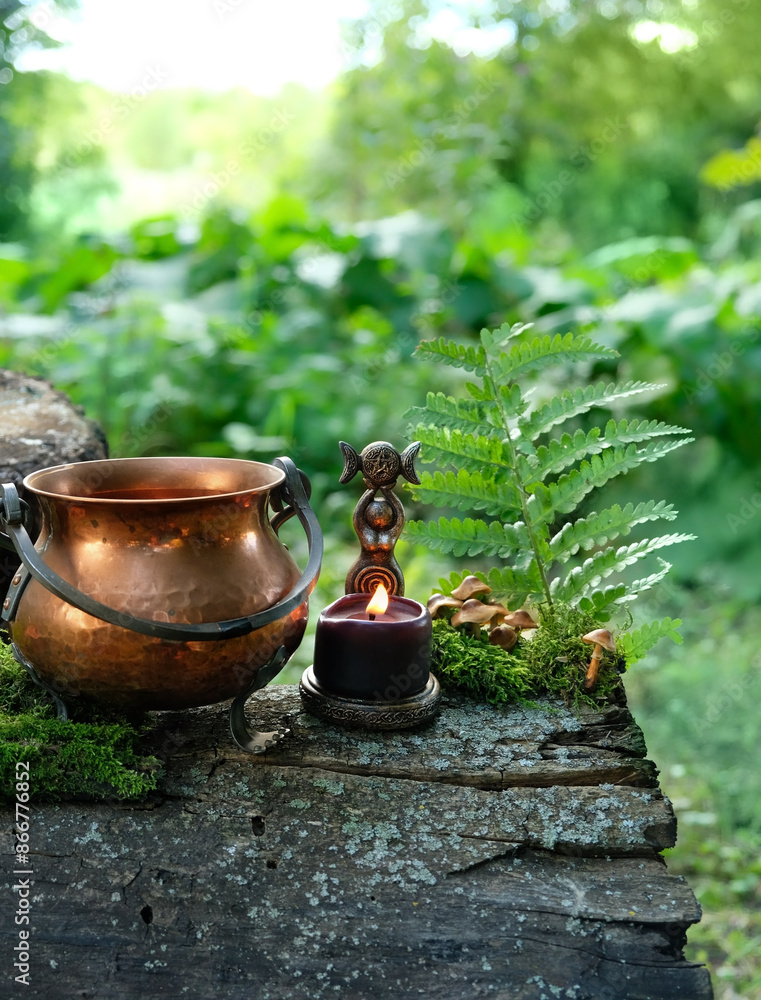 witch cauldron, wiccan Goddess figurine and burning candle in forest, natural background. occultism, magic, esoteric spiritual ritual, witchcraft. fairytale, mystery atmosphere witch cauldron, wiccan Goddess figurine and burning candle in forest, natural background. occultism, magic, esoteric spiritual ritual, witchcraft. fairytale, mystery atmosphere
