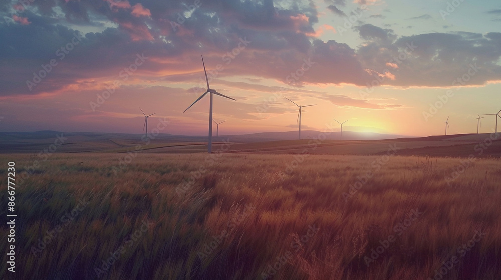 Obraz premium Wind farm field on sunset background. Wind power. Sustainable, renewable energy. Wind turbines generate electricity. Sustainable development. Green technology for energy sustainability