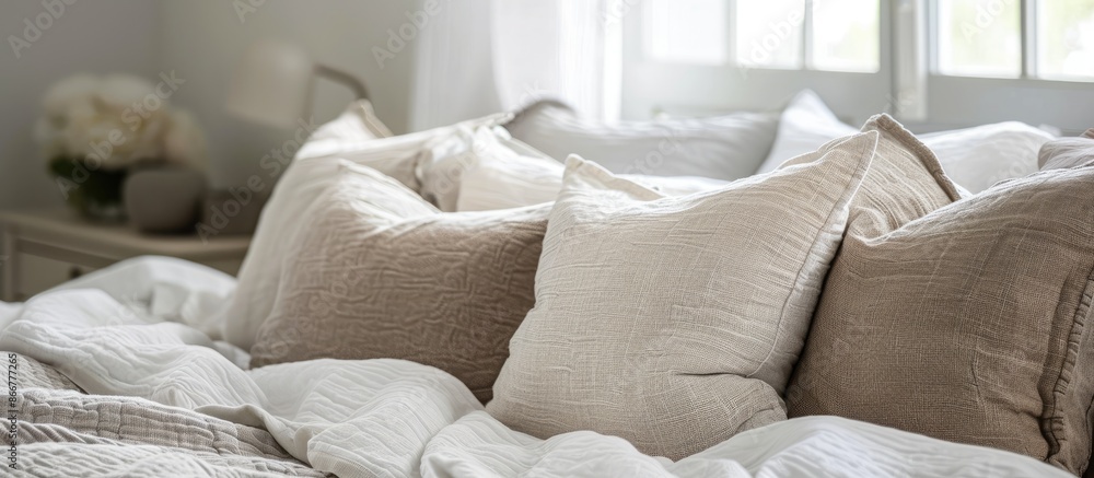 Details of a cozy home with linen pillows on a white bed and home decor. Details of a cozy home with linen pillows on a white bed and home decor.