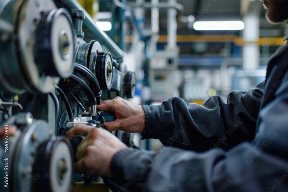 Close-up of a technician's hands adjusting recycling machinery, high quality photo, photorealistic, precise action, well-lit environment Close-up of a technician's hands adjusting recycling machinery, high quality photo, photorealistic, precise action, well-lit environment