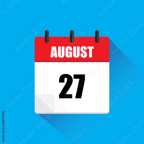 August calendar icon. Date number twenty seven. Red and white design. Blue background shadow.