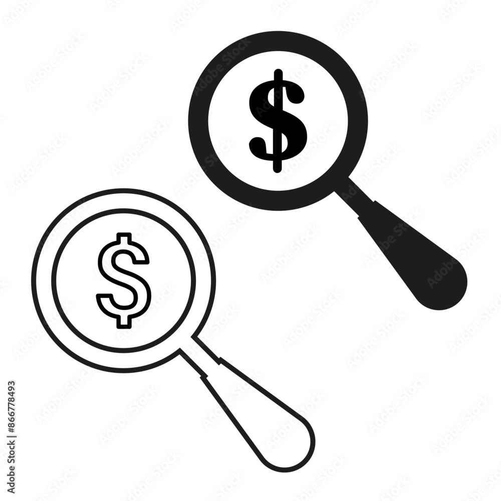 Search money vector. Black and white. Magnifying glass with dollar symbol. Simple finance icons. Search money vector. Black and white. Magnifying glass with dollar symbol. Simple finance icons.