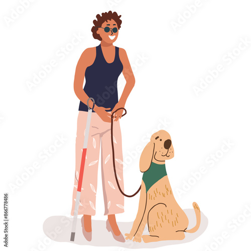 Blind woman with a cane standing with guide dog. Vector hand drawing illustration.