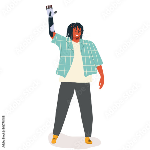 Human, guy, black male with prosthetic arm vector isolated. Bionic limb, person with amputated arm. Concept of people with disabilities. Happy handsome man in casual clothes waving prosthetic arm.