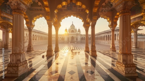 A long hallway with pillars and a large body of water in the background. Generate AI image