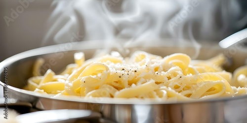 Pasta tossed in pot with steam pecorino cheese in Cacio e Pepe. Concept Italian Cuisine, Pasta Recipes, Cooking Techniques, Cheese Varieties, Traditional Dishes photo