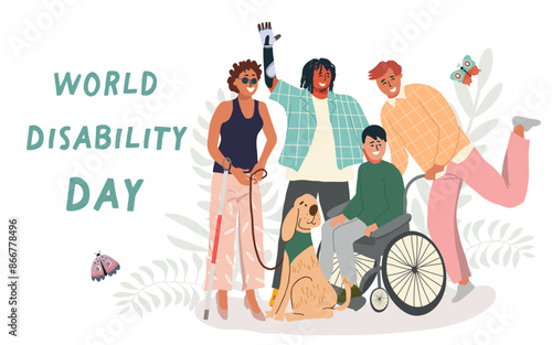 World disability day. Disabled people standing together. People with prosthesis and in wheelchair and blind. Flat vector illustration