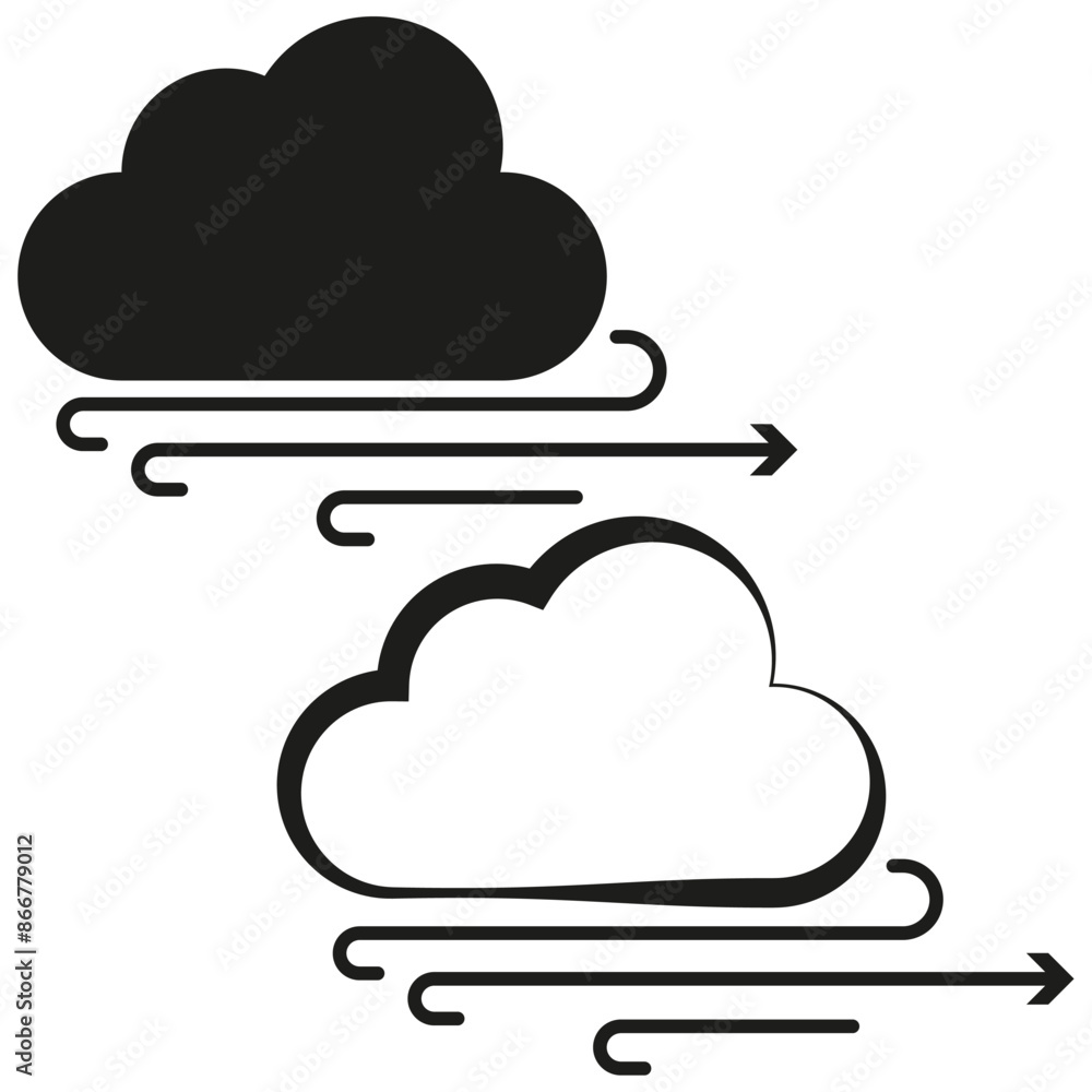 Cloud with wind icons. Black and white weather symbols. Vector illustration set. Cloud with wind icons. Black and white weather symbols. Vector illustration set.