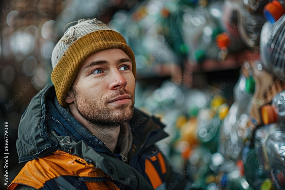 Portrait of Man in Beanie and Jacket Outdoors Near Upcycled Plastic Art Installation Portrait of Man in Beanie and Jacket Outdoors Near Upcycled Plastic Art Installation