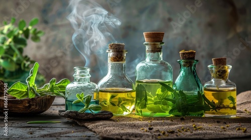 Herbal potion bottles with fresh leaves and smoke