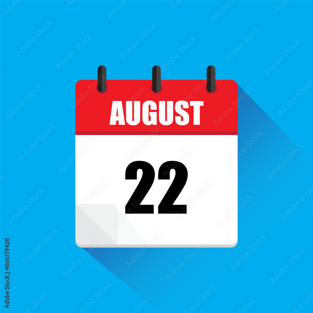 August 22 calendar. Red and white page. Flat vector icon. Blue background. August 22 calendar. Red and white page. Flat vector icon. Blue background.