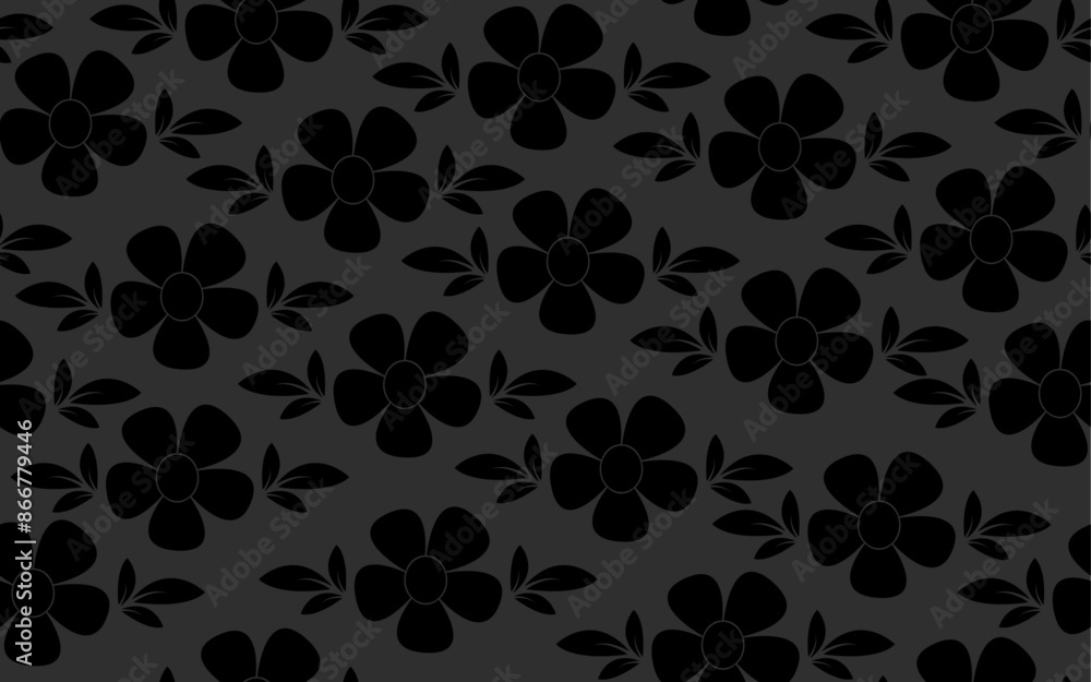 Fototapeta premium Floral seamless pattern black theme wood pertex texture daisy flower textile fabric pattern ornamental decorative paper print background wallpaper