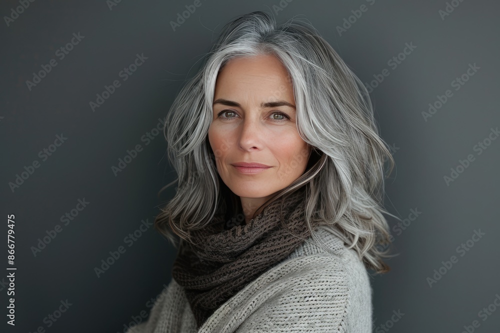 Confident Mature Woman with Gray Hair Wearing a Knit Sweater and Scarf Against Gray Background Confident Mature Woman with Gray Hair Wearing a Knit Sweater and Scarf Against Gray Background