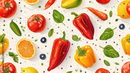 Wallpaper Mural Vibrant Fresh Vegetables and Fruits Pattern with Peppers, Tomatoes, and Citrus Torontodigital.ca