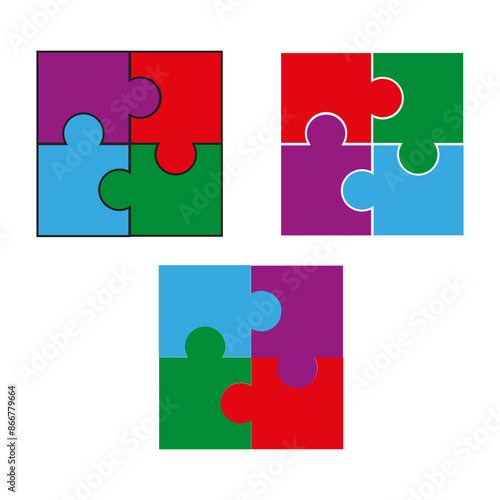 Puzzle pieces vector. Colorful four parts. Square jigsaw shapes. Interlocking design elements.