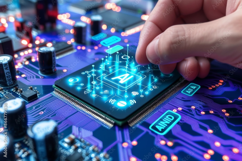 Hand interacting with AI circuit board, showcasing advanced technology, artificial intelligence, high tech digital components, innovative tech Hand interacting with AI circuit board, showcasing advanced technology, artificial intelligence, high tech digital components, innovative tech