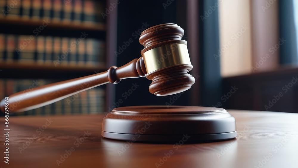 A close-up of the judge's gavel is raised above a wooden table. A close-up of the judge's gavel is raised above a wooden table.