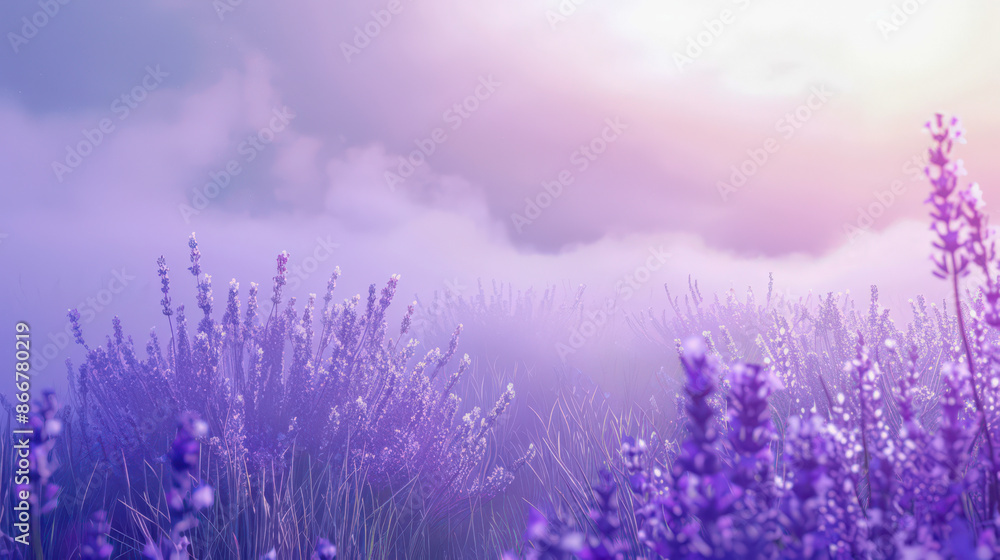 Naklejka premium Background with a fog motif in a lavender field. Lavender field close up with rising fog