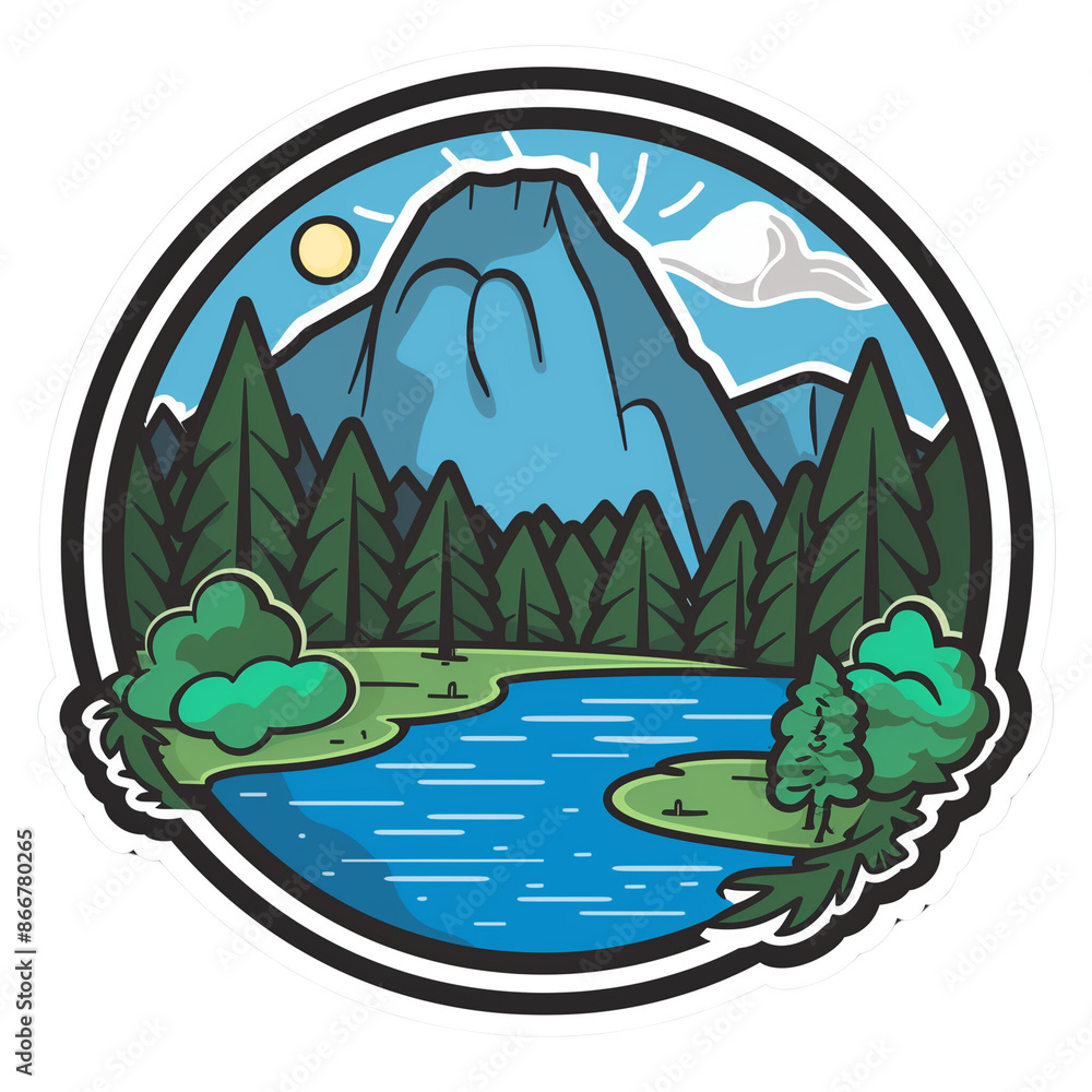 Fototapeta premium landscape with mountains, trees and moon. Camping in the woods. Camper on the road. Travel concept. Isolated white background