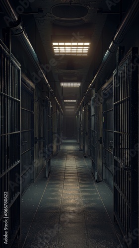 Wallpaper Mural Dimly lit corridor of a prison with barred cells and fluorescent lighting, eerie and cold atmosphere, confinement and isolation concept Torontodigital.ca