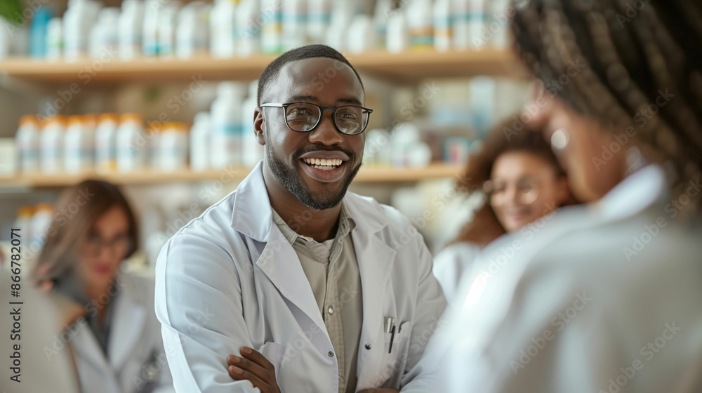 Pharmacist in white lab coat at pharmacy Pharmacist in white lab coat at pharmacy