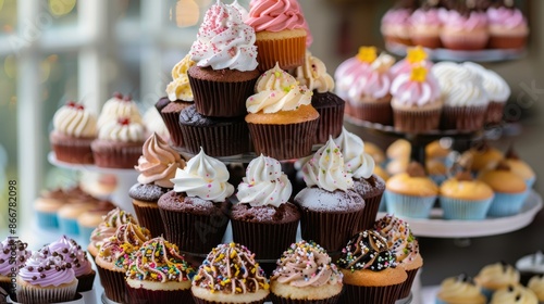 This image showcases a delicious assortment of cupcakes with various frostings and toppings, ready for sale