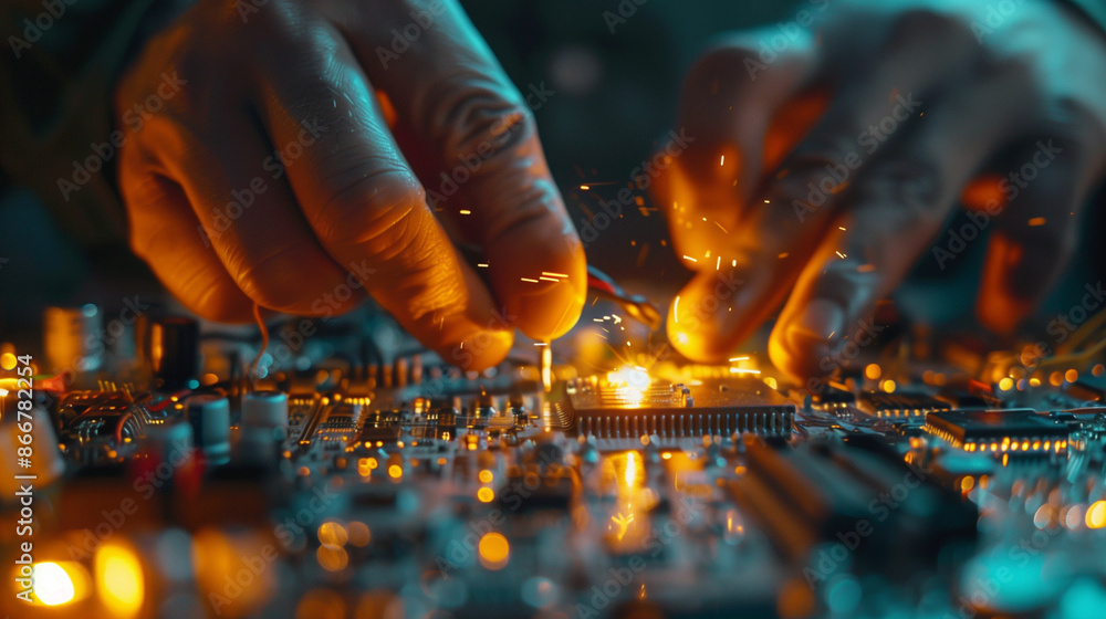 Person soldering on circuit board Person soldering on circuit board
