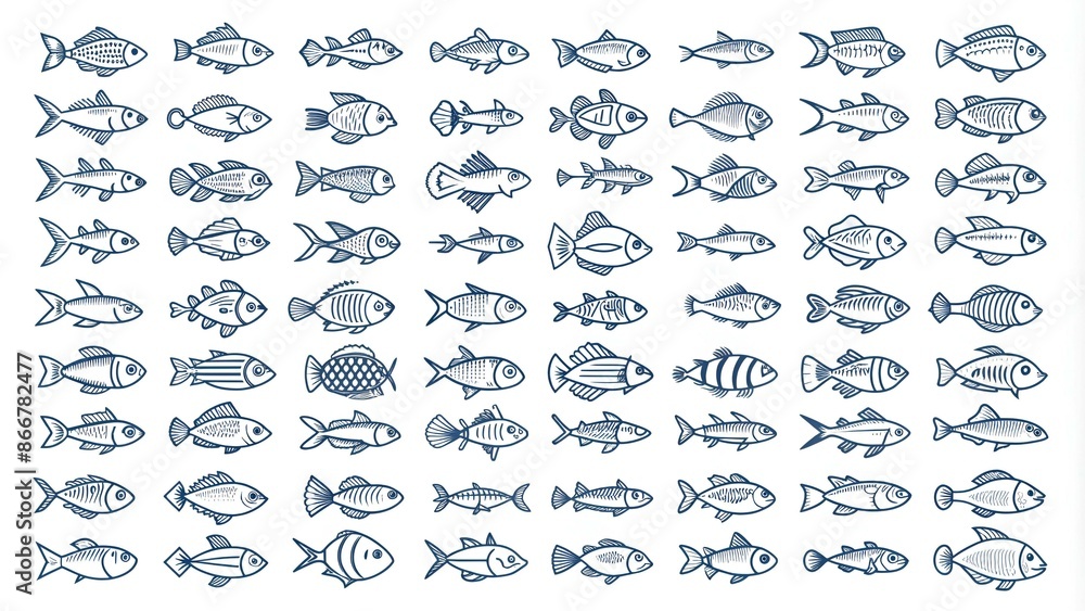 100 fish icons set. Outline illustration of 100 fish icons vector set isolated on white background 100 fish icons set. Outline illustration of 100 fish icons vector set isolated on white background