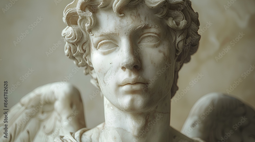 Statue of an angel isolated on neutral background. Angel marble statue. Ancient Greek statue of God Hermes with wings. Roman god Mercury depicted in Ancient Greek style. Olympian deity Statue of an angel isolated on neutral background. Angel marble statue. Ancient Greek statue of God Hermes with wings. Roman god Mercury depicted in Ancient Greek style. Olympian deity
