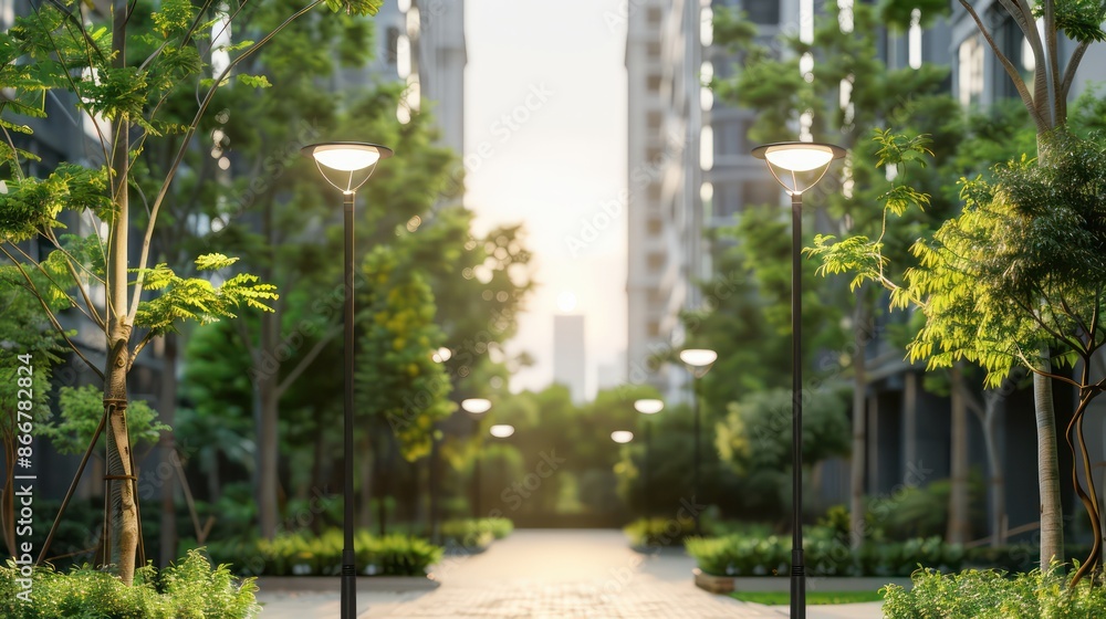 Obraz premium A city street with tall buildings and trees